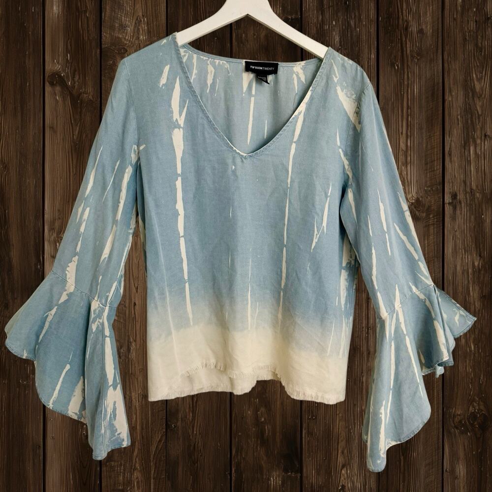 Fifteen Twenty Tencel Top Sz M Boho Hippie Flared Sleeve Raw Hem V Neck USA made